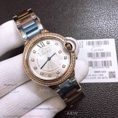 Perfect Replica Cartier Ballon Bleu Silver Diamond Dial Rose Gold Diamond Bezel 33mm Women Watch